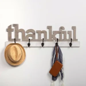 Pinnacle Rustic Thankful Gray Wood Decorative Sign with Hooks