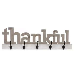Pinnacle Rustic Thankful Gray Wood Decorative Sign with Hooks