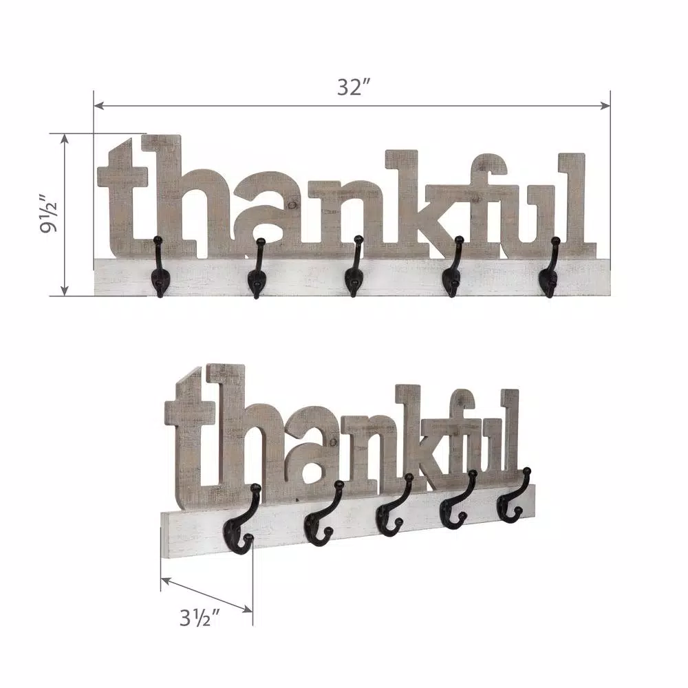Pinnacle Rustic Thankful Gray Wood Decorative Sign with Hooks