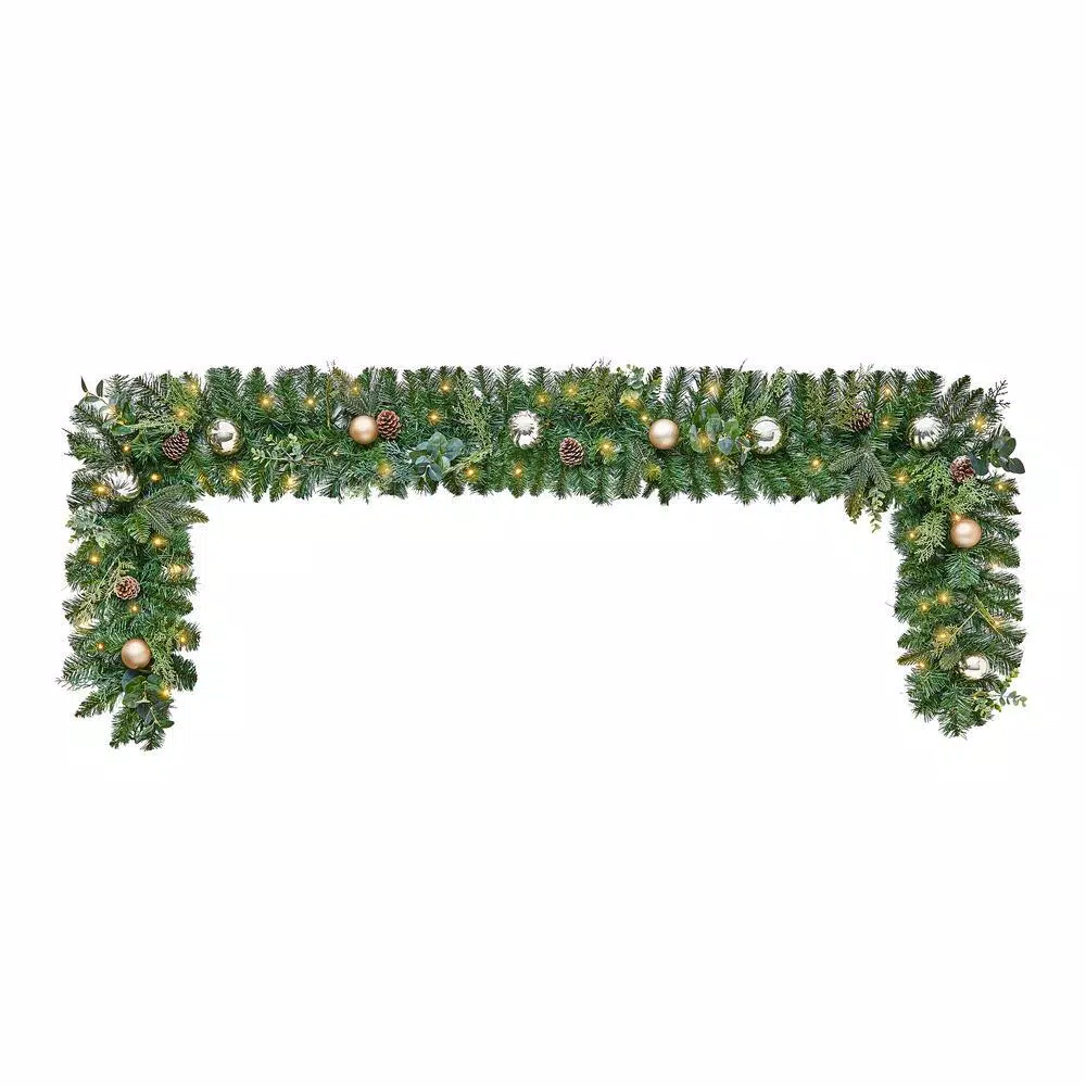 Home Accents Holiday 9 ft. St. Germain Battery Operated Mixed Pine LED Pre-Lit Christmas Garland with Timer
