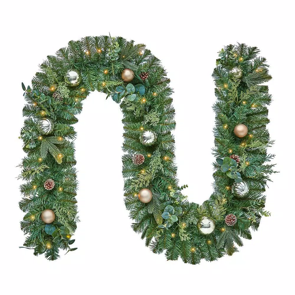 Home Accents Holiday 9 ft. St. Germain Battery Operated Mixed Pine LED Pre-Lit Christmas Garland with Timer