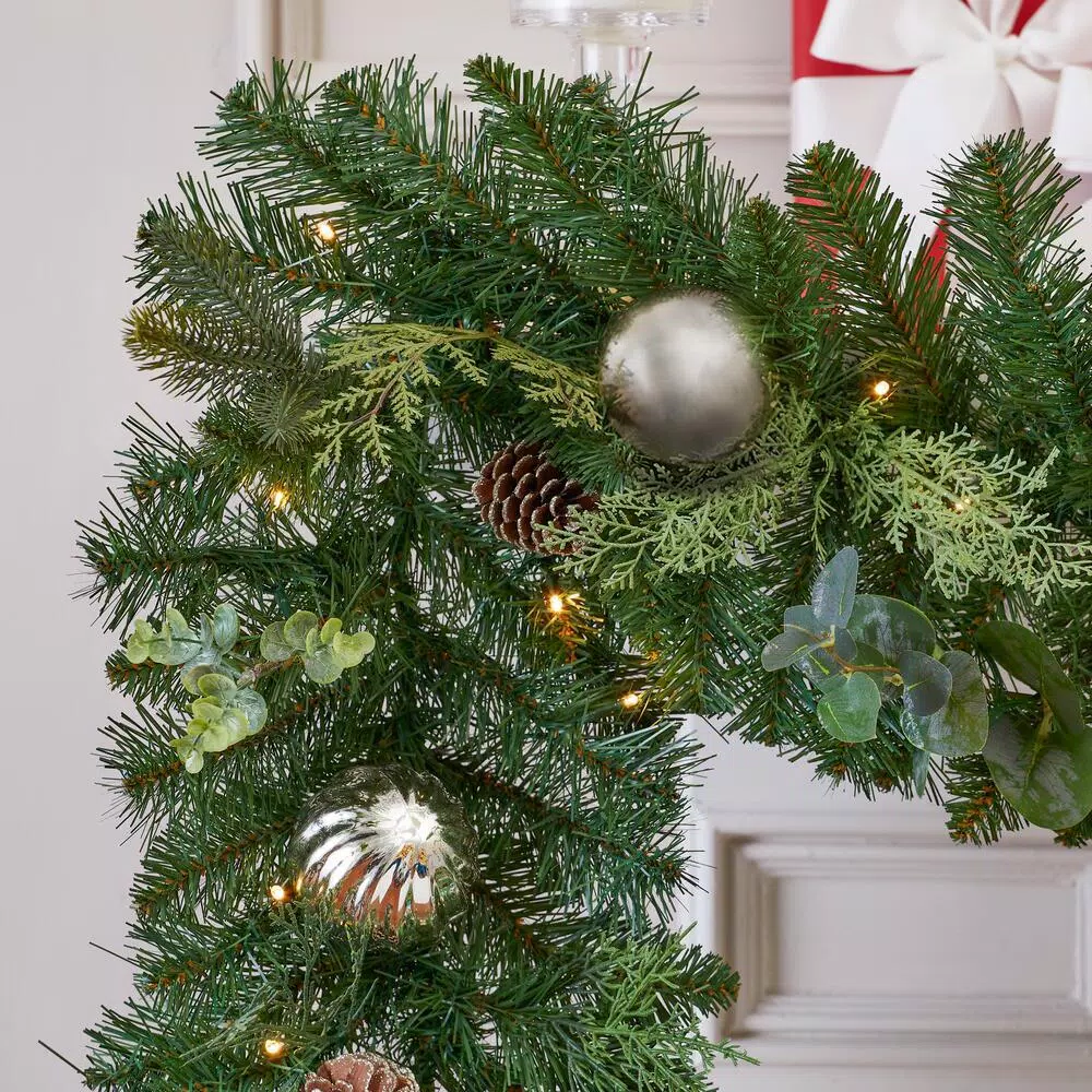 Home Accents Holiday 9 ft. St. Germain Battery Operated Mixed Pine LED Pre-Lit Christmas Garland with Timer