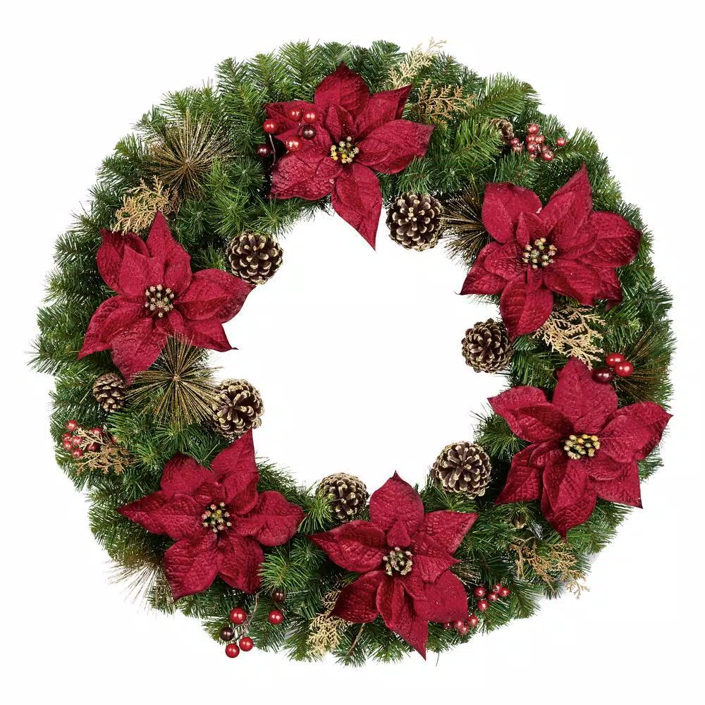 Home Accents Holiday 36 in. Burgundy Poinsettia Pine Wreath with Berries, Gold Glitter Cedar and Pinecones