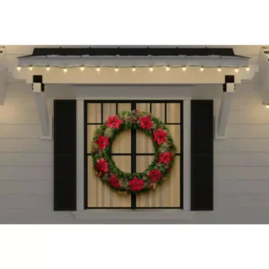 Home Accents Holiday 48 in. Burgundy Poinsettia Mixed Pine Wreath with Berries, Gold Glitter Cedar and Pinecone