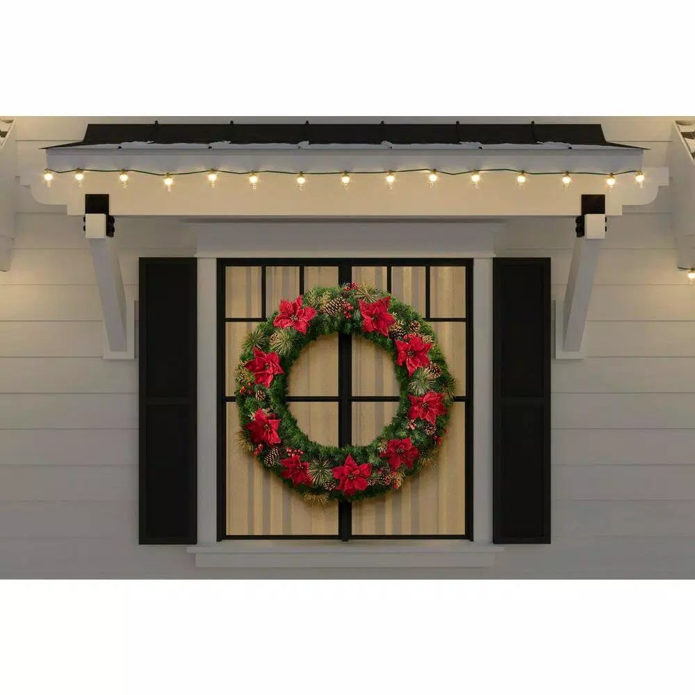 Home Accents Holiday 48 in. Burgundy Poinsettia Mixed Pine Wreath with Berries, Gold Glitter Cedar and Pinecone