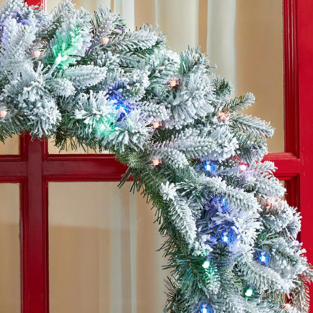 Home Accents Holiday 30 in. Starry Light Flocked Pine LED Prelit Wreath with 50-Lights and Timer