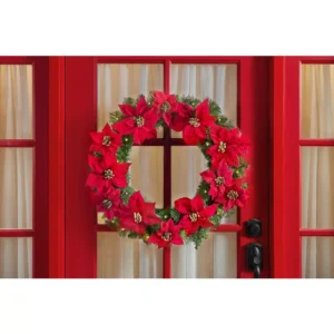 Home Accents Holiday 30 in. Berry Bliss Battery Operated Pre-Lit LED Artificial Christmas Wreath with Poinsettia
