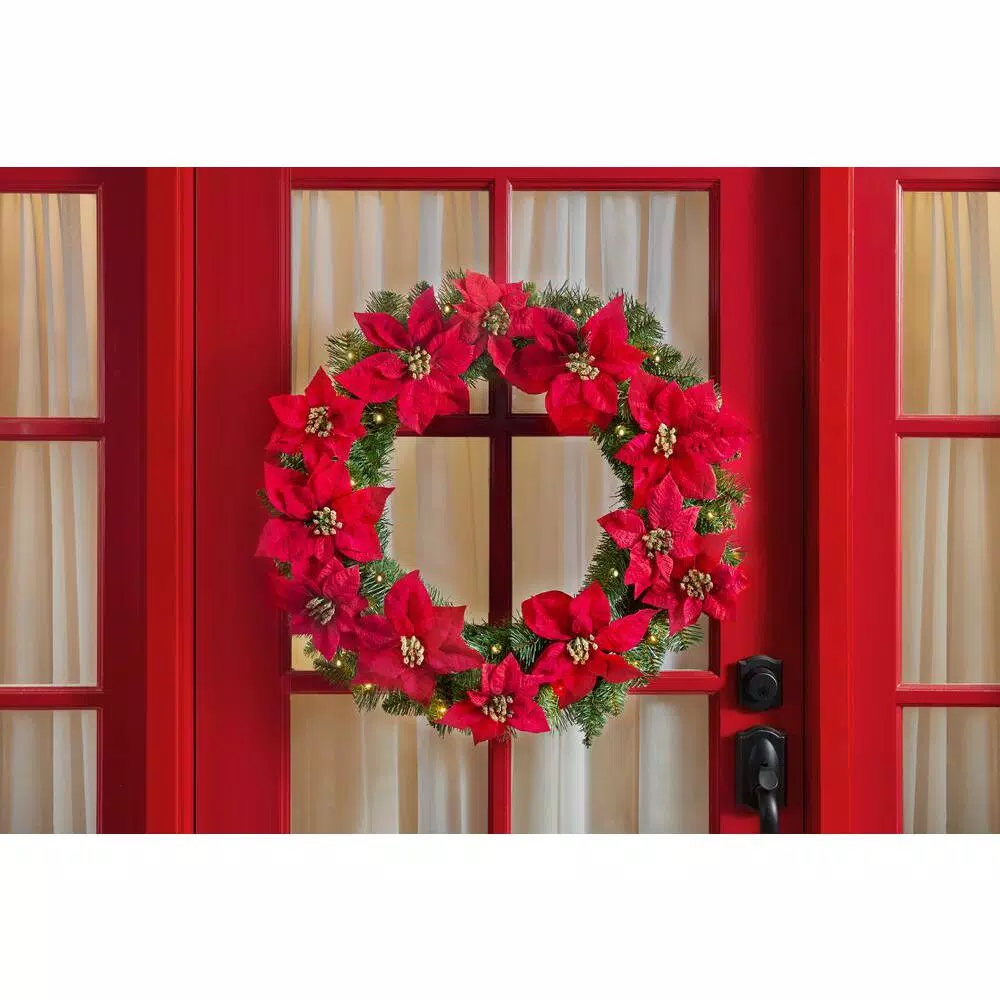 Home Accents Holiday 30 in. Berry Bliss Battery Operated Pre-Lit LED Artificial Christmas Wreath with Poinsettia