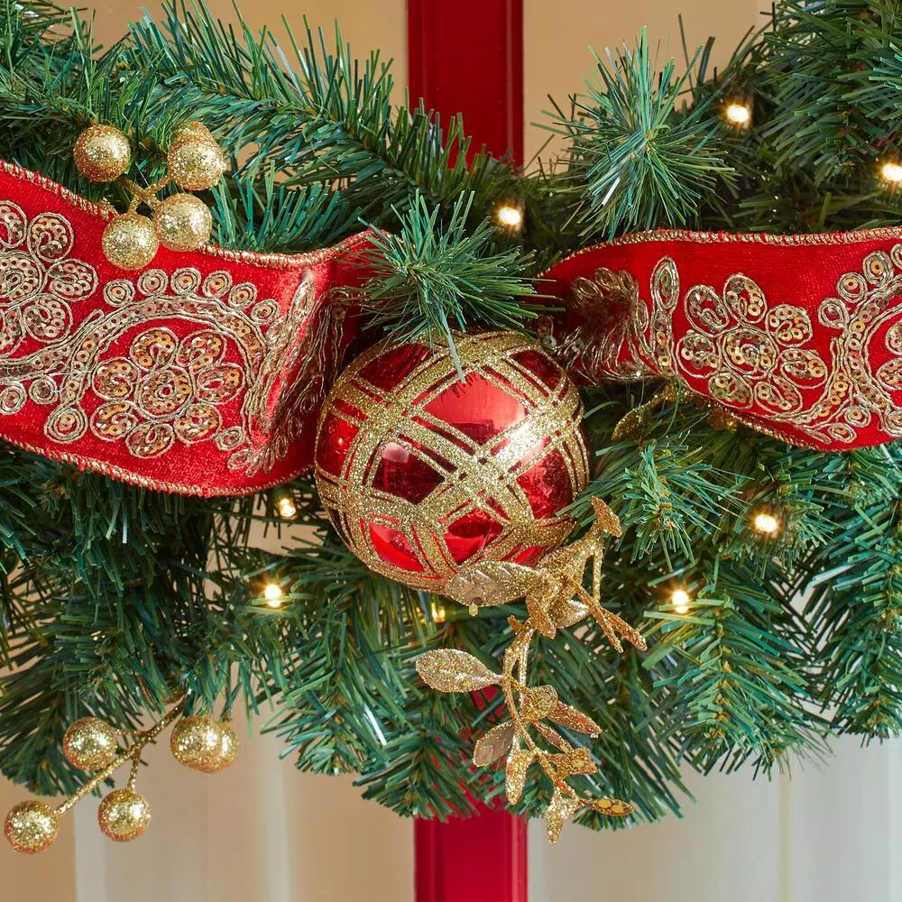 Home Accents Holiday 30 in Royal Easton Battery Operated Pine LED Pre-Lit Artificial Wreath with Timer