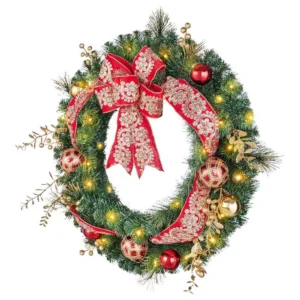 Home Accents Holiday 30 in Royal Easton Battery Operated Pine LED Pre-Lit Artificial Wreath with Timer