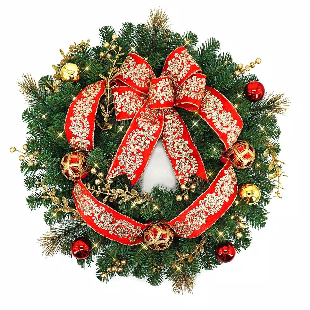 Home Accents Holiday 30 in Royal Easton Battery Operated Pine LED Pre-Lit Artificial Wreath with Timer