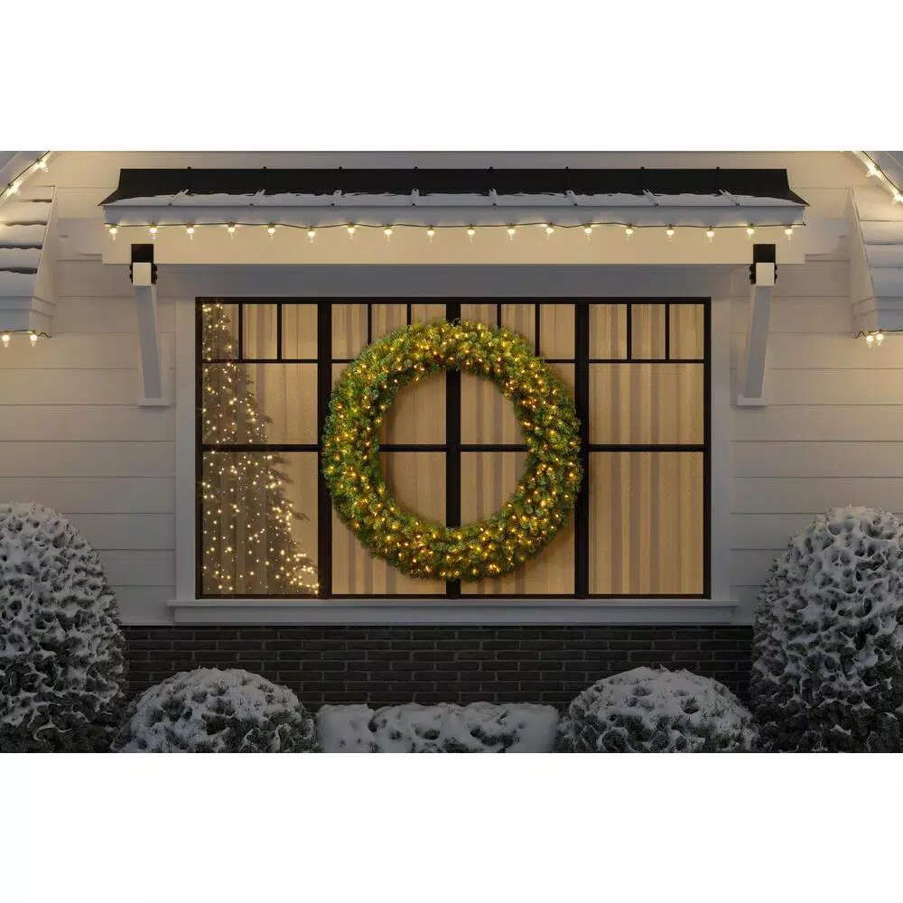 Home Accents Holiday 60 in. Wesley Pre-Lit Long Needle Pine Artificial Christmas Wreath with 498-mixed tips and 240 Warm White Lights