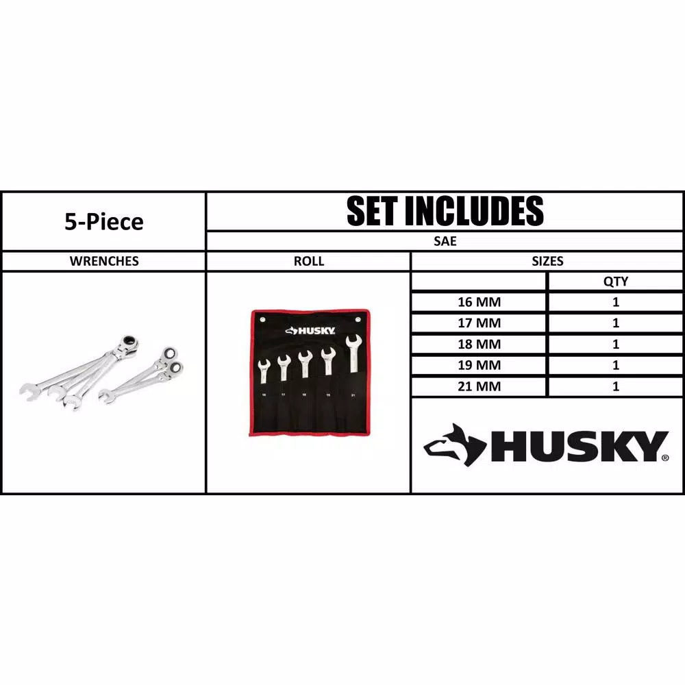 Husky Large Metric Flex Head Ratcheting Wrench Set (5-Piece)