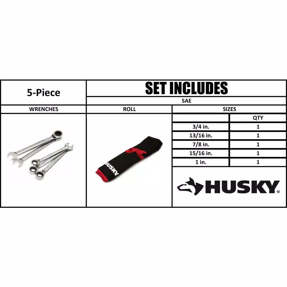 Husky Large SAE Reversible Ratcheting Wrench Set (5-Piece)