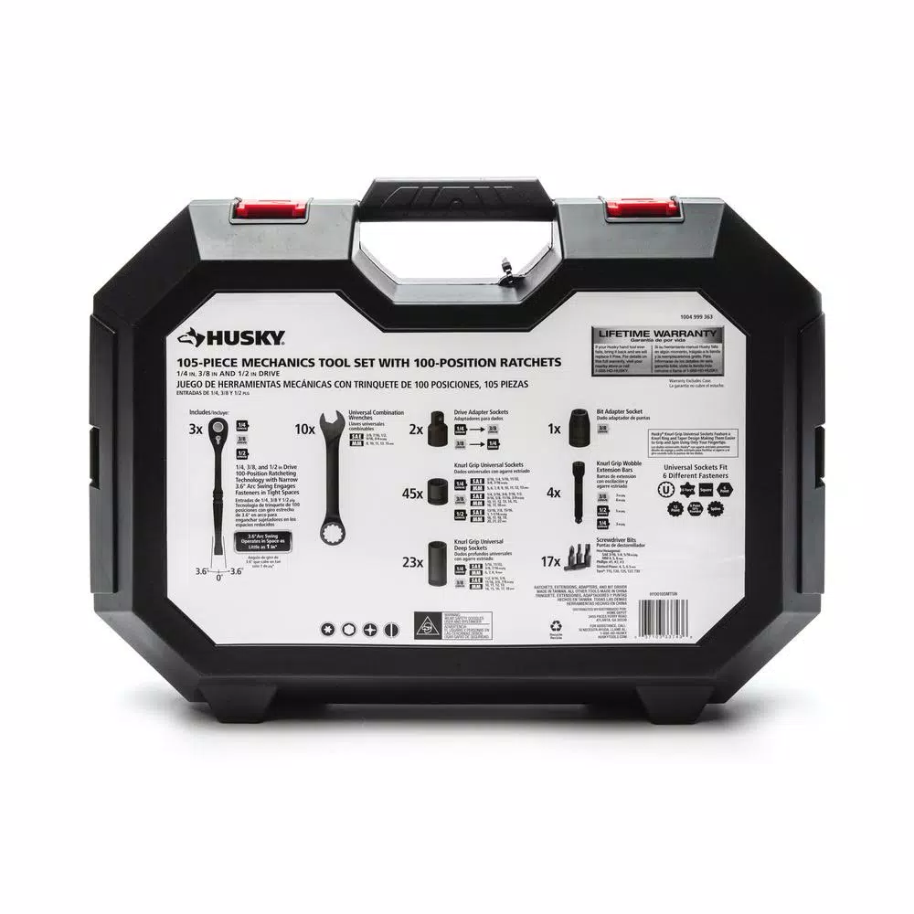 Husky 1/4 in., 3/8 in. and 1/2 in. SAE Drive 100-Position Universal and Metric Mechanics Tool Set (105-Piece)