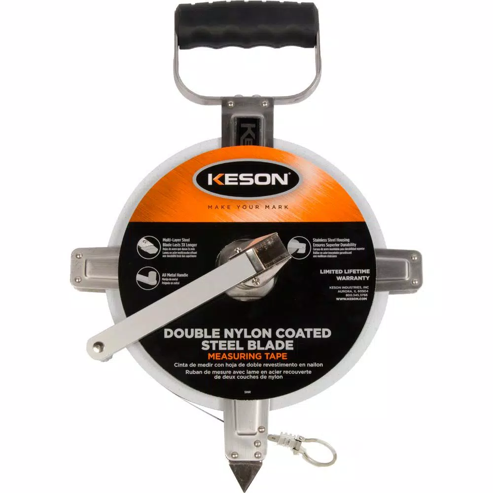 Keson 100 ft. Steel Open Reel Tape Measure, Stainless Steel Housing, Engineer's