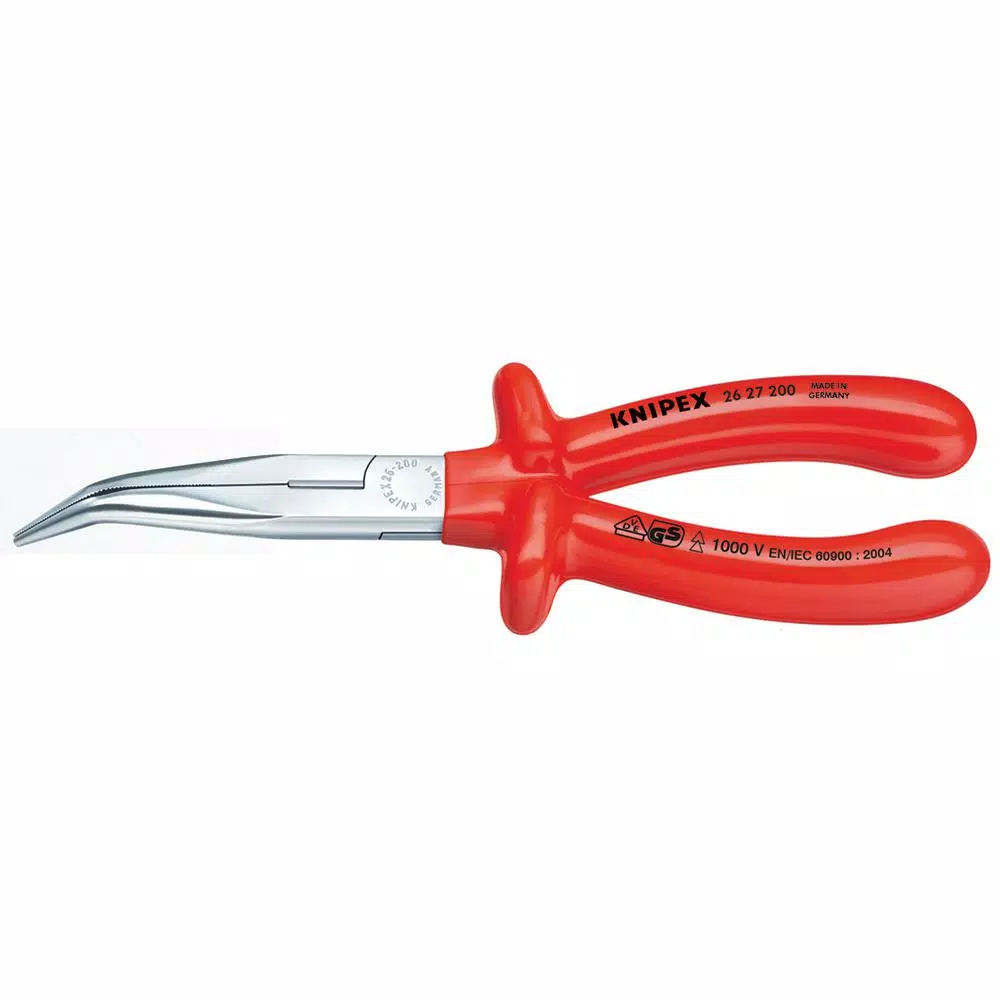 KNIPEX 8 in. 1000-Volt Insulated Angled Long Nose Pliers with Cutter and Chrome Plating in Red