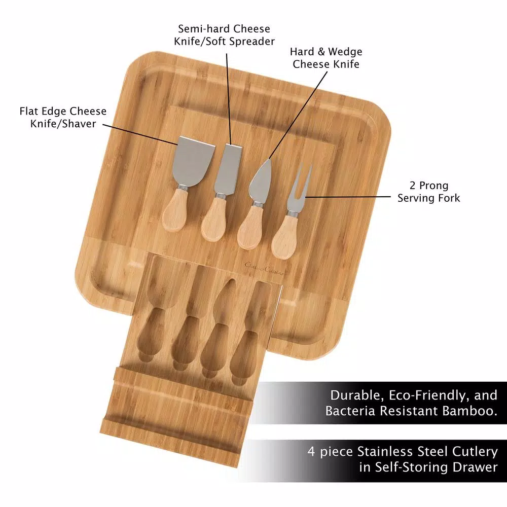 Classic Cuisine 4-Piece Bamboo Cheese Serving Tray Set with Stainless Steel Cutlery