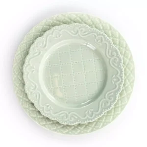 Gibson Home Quilted Eyelet 16-Piece Round Light Grey Fine Ceramic Dinnerware Set (Service for 4)