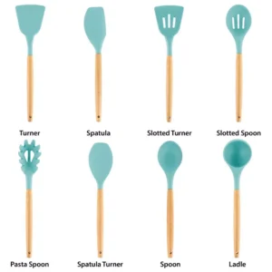 MegaChef Light Teal Silicone and Wood Cooking Utensils (Set of 9)