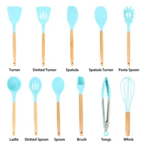 MegaChef Light Teal Silicone and Wood Cooking Utensils (Set of 12)
