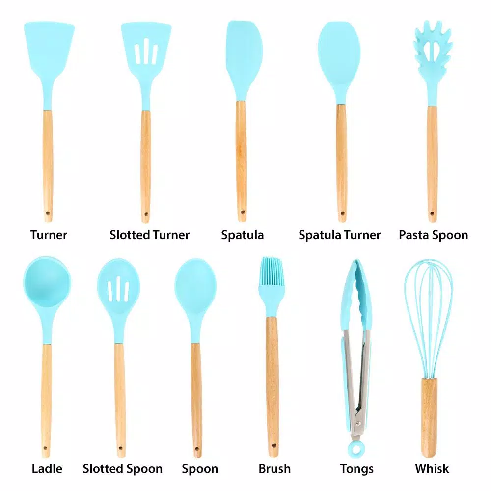 MegaChef Light Teal Silicone and Wood Cooking Utensils (Set of 12)