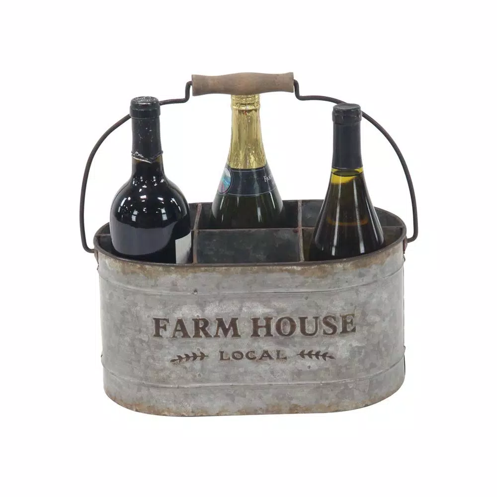 LITTON LANE Distressed Silver Iron 6-Bottle Oval Wine Caddy