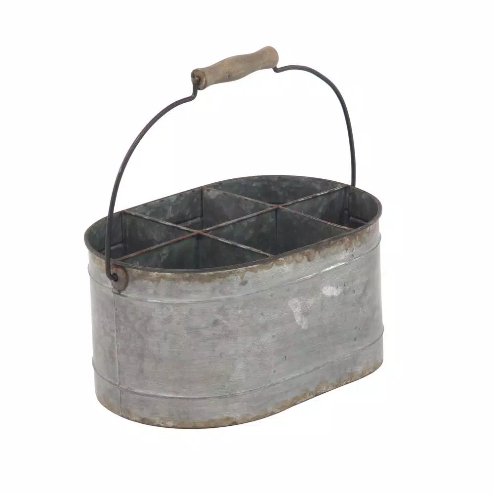 LITTON LANE Distressed Silver Iron 6-Bottle Oval Wine Caddy