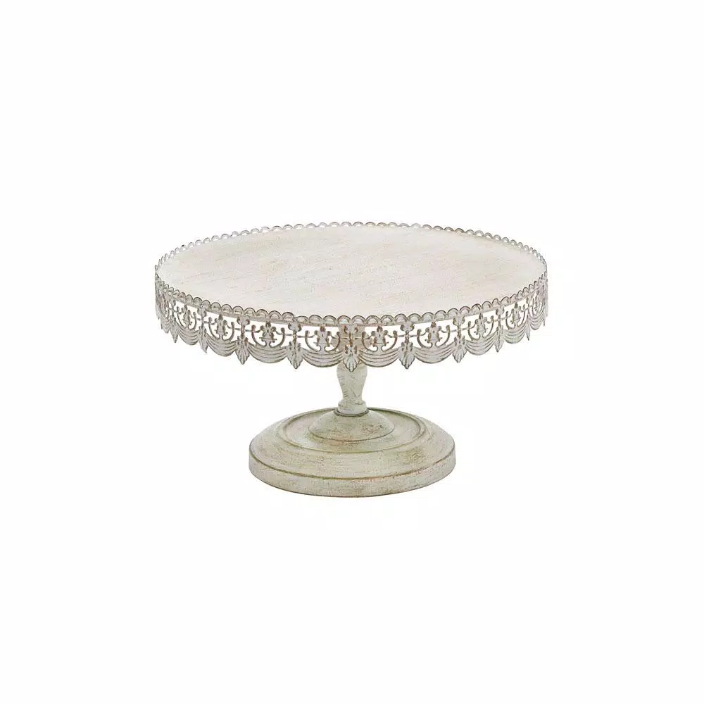 LITTON LANE 16 in. W x 9 in. H Whitewashed and Rust Brown Round Iron Cake Stand with Floral Bunting Overhang