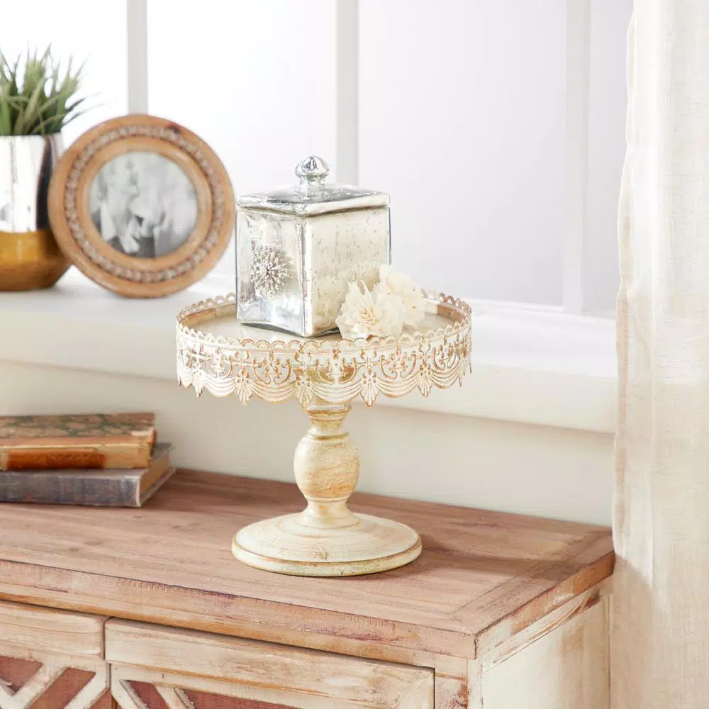 LITTON LANE 10 in. W x 9 in. H Round Whitewashed and Rust Brown Cake Stand with Cutout Bunting Overhang
