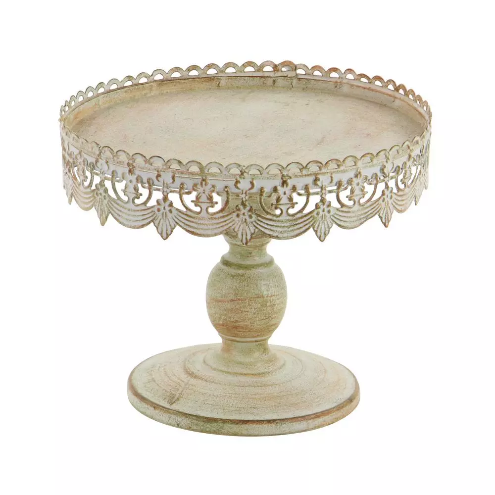LITTON LANE 10 in. W x 9 in. H Round Whitewashed and Rust Brown Cake Stand with Cutout Bunting Overhang