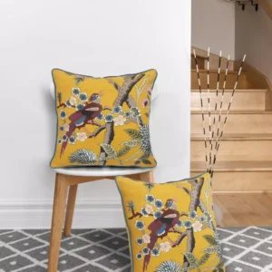 LR Home Scenic Yellow Floral Birds Soft Poly-Fill 20in. x 20 in. Throw Pillow