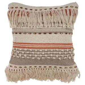 LR Resources Chic Fringe Beige Striped Hypoallergenic Polyester 18 in. x 18 in. Throw Pillow
