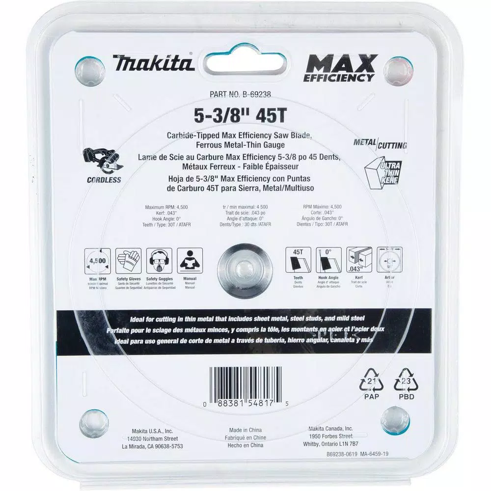 Makita 5-3/8 in. 45T Carbide-Tipped Max Efficiency Saw Blade, Ferrous Metal-Thin Gauge