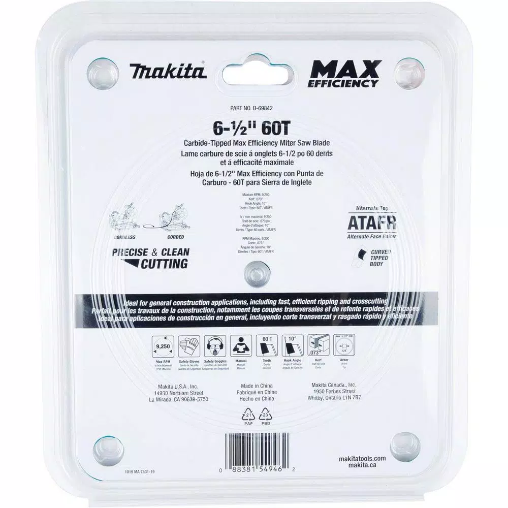 Makita 6-1/2 in. 60T Carbide-Tipped Max Efficiency Miter Saw Blade