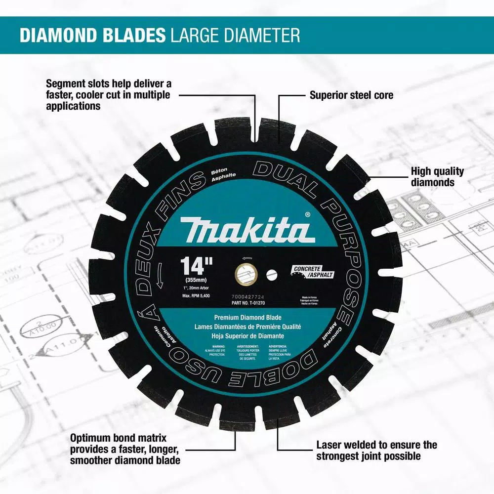 Makita 14 in. 61 cc Gas Saw with Bonus 14 in. Blade Diameter Segmented, Dual Purpose