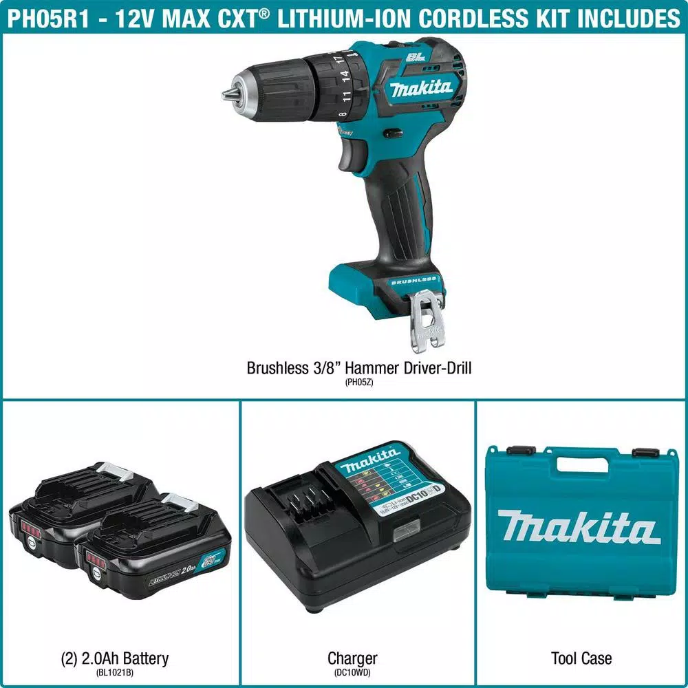 Makita 12-Volt Max CXT Lithium-Ion 3/8 in. Brushless Cordless Hammer Driver-Drill Kit w/ (2) Batteries(2Ah), Charger, Hard Case