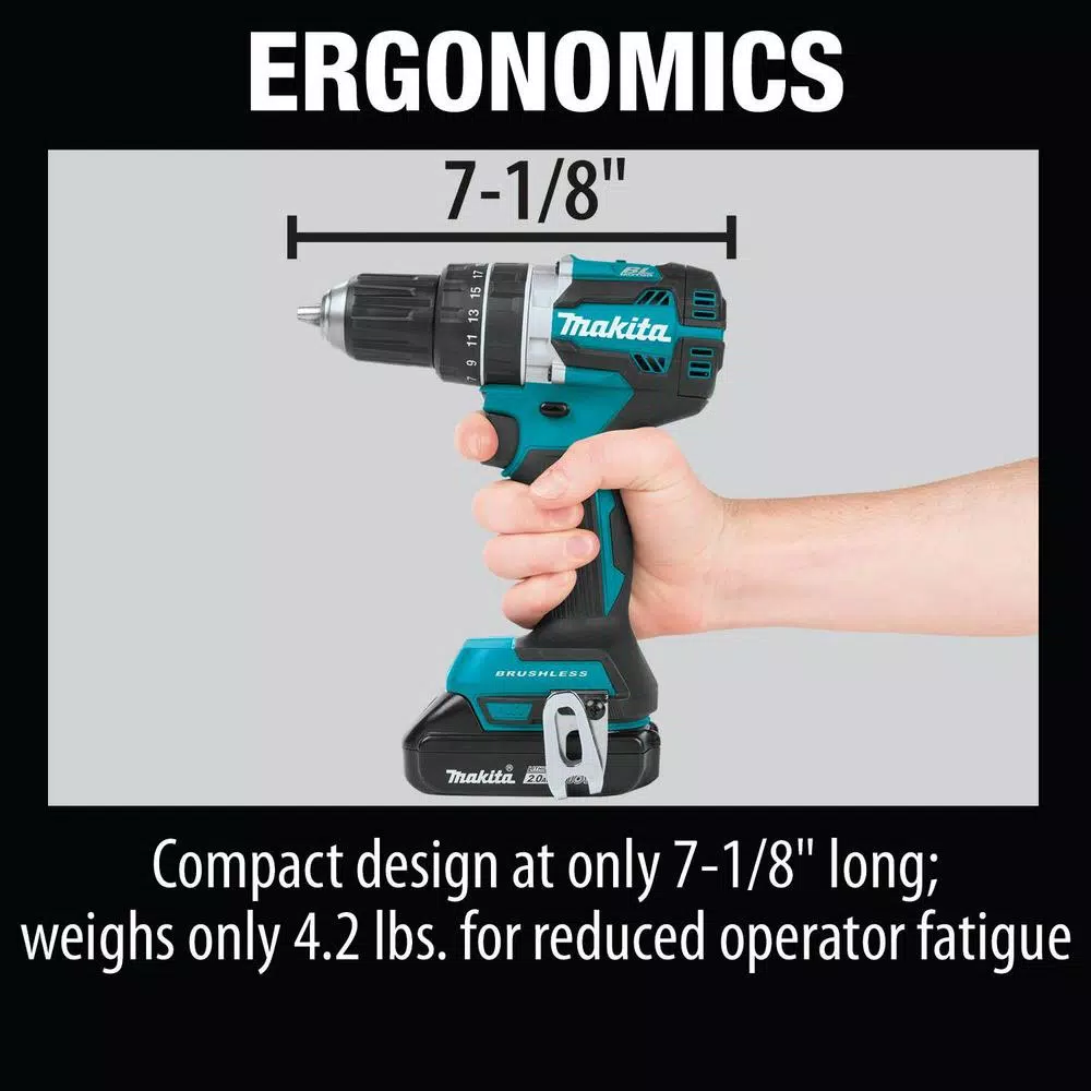 Makita 18V LXT Lithium-Ion Compact Brushless Cordless 1/2 in. Hammer Driver-Drill Kit with (2) 2.0Ah Batteries, Charger and Bag