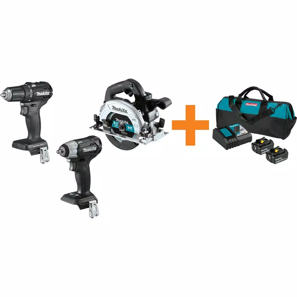 Makita 18V LXT Sub-Compact Brushless 1/2 in. Driver Drill, Impact Wrench and 6-1/2 in. Circ Saw with bonus 18V LXT Starter Pack