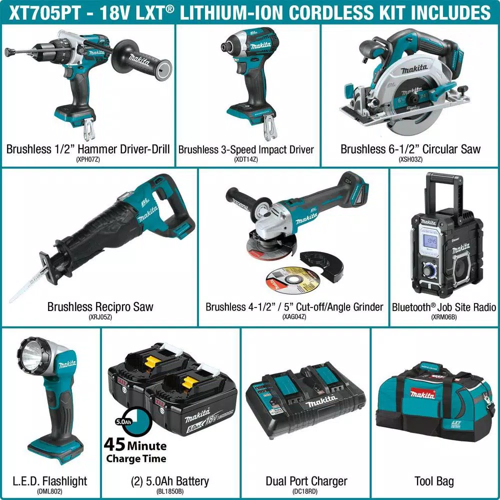 Makita 18-Volt LXT Brushless 7-Piece Kit Hammer Driver-Drill, Impact Driver, Recipro Saw, Circ Saw, Grinder, Radio, Light 5.0Ah