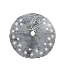 Manor Luxe 56 in. Snowflake Sequin Soft Plush Furry Light Up Round Christmas Tree Skirt in Grey