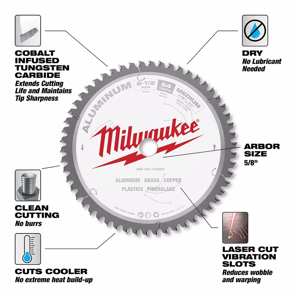 Milwaukee 6-1/2 in. x 54 Carbide Teeth Aluminum Cutting Circular Saw Blade