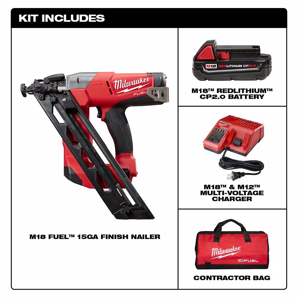 Milwaukee M18 FUEL 18-Volt Lithium-Ion Brushless Cordless 15-Gauge Angled Finish Nailer Kit W/ (1) 2.0Ah Battery, Charger & Bag