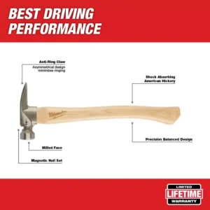 Milwaukee 19 oz. Wood Milled Face Hickory Framing Hammer with Hammer Loop