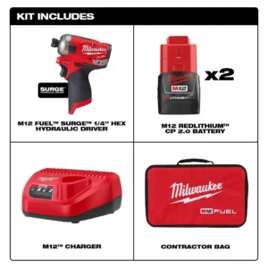 Milwaukee M12 FUEL SURGE 12-Volt Lithium-Ion Brushless Cordless 1/4 in. Hex Impact Driver Compact Kit with M12 Flood Light