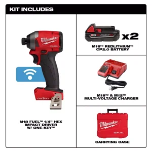 Milwaukee M18 FUEL ONE-KEY 18-Volt Lithium-Ion Brushless Cordless 1/4 in. Hex Impact Driver Kit W/ (2) 2.0Ah Batteries, Hard Case