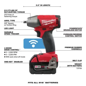 Milwaukee M18 FUEL ONE-KEY 18-Volt Lithium-Ion Brushless Cordless 3/8 in. Impact Wrench w/ Friction Ring Kit w/(2) 5.0Ah Batteries