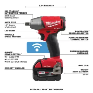 Milwaukee M18 FUEL ONE-KEY 18-Volt Lithium-Ion Brushless Cordless 1/2 in. Impact Wrench w/ Pin Detent Kit w/(2)5.0Ah Batteries