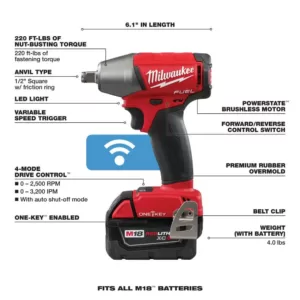 Milwaukee M18 FUEL ONE-KEY 18-Volt Lithium-Ion Brushless Cordless 1/2 in. Impact Wrench w/ Friction Ring Kit w/(2) 5.0Ah Batteries