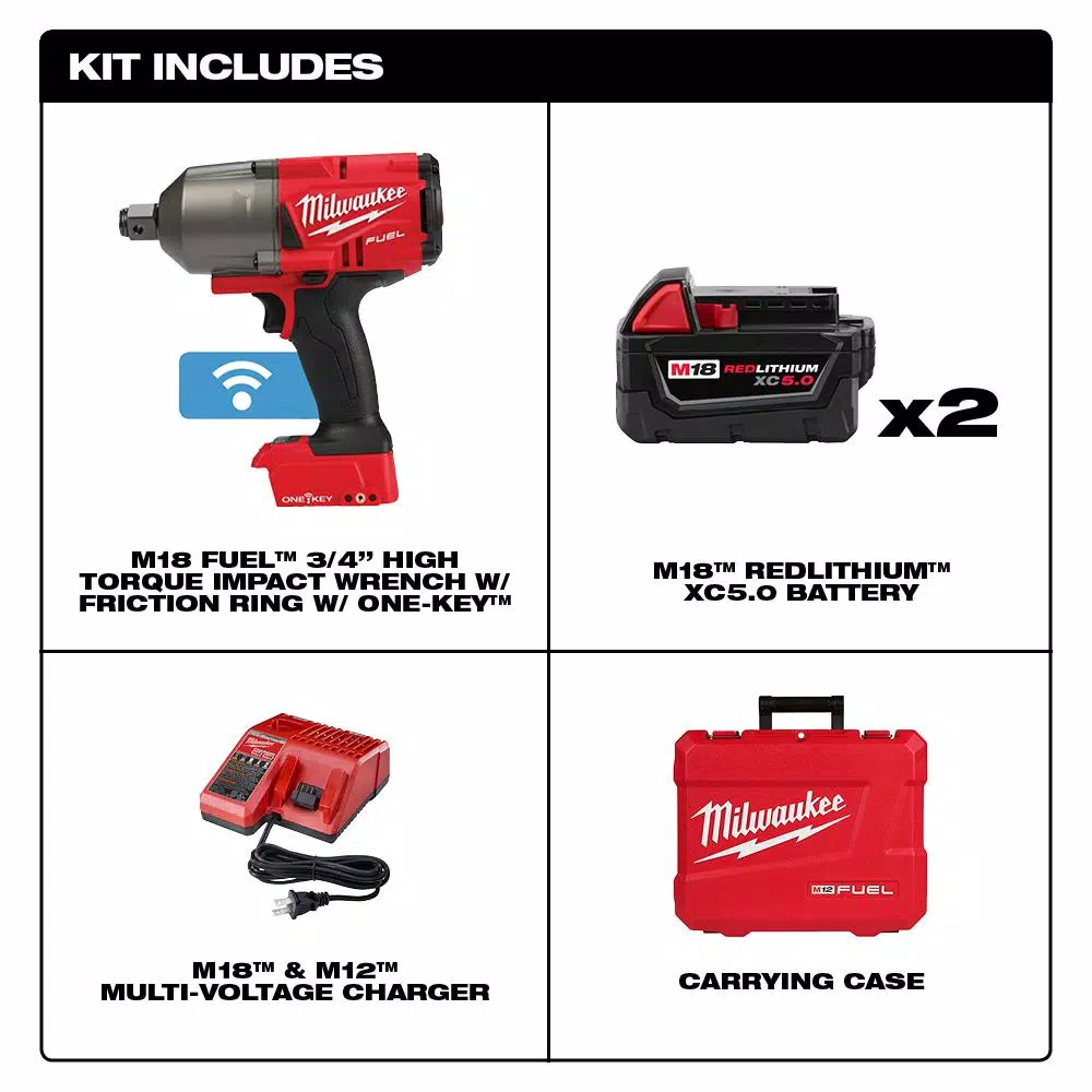 Milwaukee M18 FUEL ONE-KEY 18-Volt Lithium-Ion Brushless Cordless 3/4 in. Impact Wrench w/Friction Ring Kit w/(2) 5.0Ah Batteries